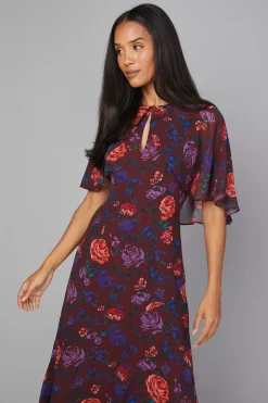 Robe Midi Florale à Manches Cape
