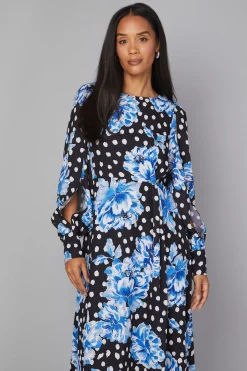 Robe Midi Florale à Manches Fendues et Drapé