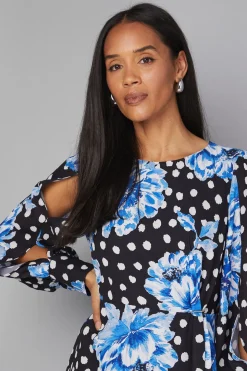 Robe Midi Florale à Manches Fendues et Drapé