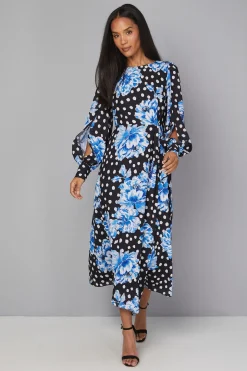 Robe Midi Florale à Manches Fendues et Drapé
