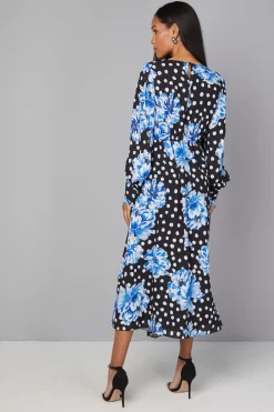 Robe Midi Florale à Manches Fendues et Drapé