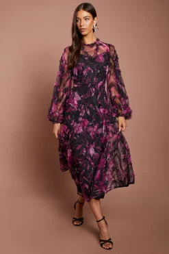 Robe Midi Florale À Manches Longues Avec Appliqués