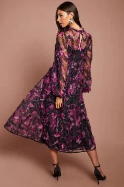 Robe Midi Florale À Manches Longues Avec Appliqués