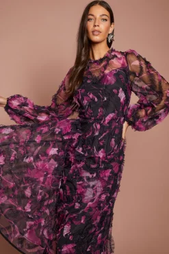 Robe Midi Florale À Manches Longues Avec Appliqués