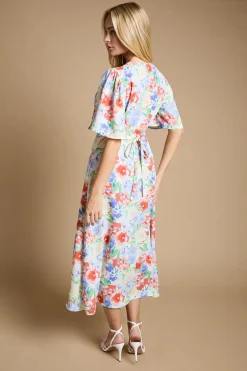 Robe Midi Florale À Manches Papillon Avec Boutonnage Devant Et Lien Noué Au Dos