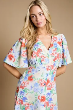 Robe Midi Florale À Manches Papillon Avec Boutonnage Devant Et Lien Noué Au Dos