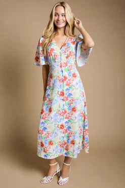 Robe Midi Florale À Manches Papillon Avec Boutonnage Devant Et Lien Noué Au Dos