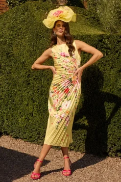 Coast Robe Midi Florale Plissée Lisa Tan avec Détail Plissé<Femme Robes Mi-Longues|Robes