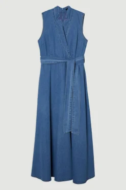 Robe Midi Fluide en Denim à Col Cranté et Ceinture Ajustée
