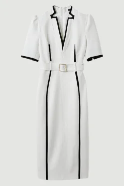 Robe Midi Forever Ajustée Ceinturée en Tissu Stretch Compact aux Détails Contrastés