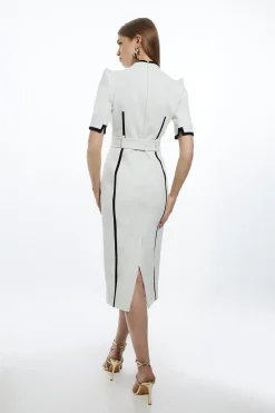 Robe Midi Forever Ajustée Ceinturée en Tissu Stretch Compact aux Détails Contrastés