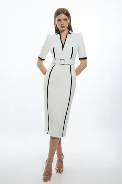 Robe Midi Forever Ajustée Ceinturée en Tissu Stretch Compact aux Détails Contrastés