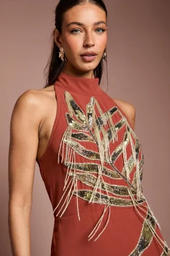Robe Midi À Franges Ornées Avec Encolure Américaine
