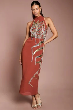 Robe Midi À Franges Ornées Avec Encolure Américaine