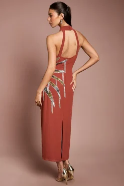 Robe Midi À Franges Ornées Avec Encolure Américaine