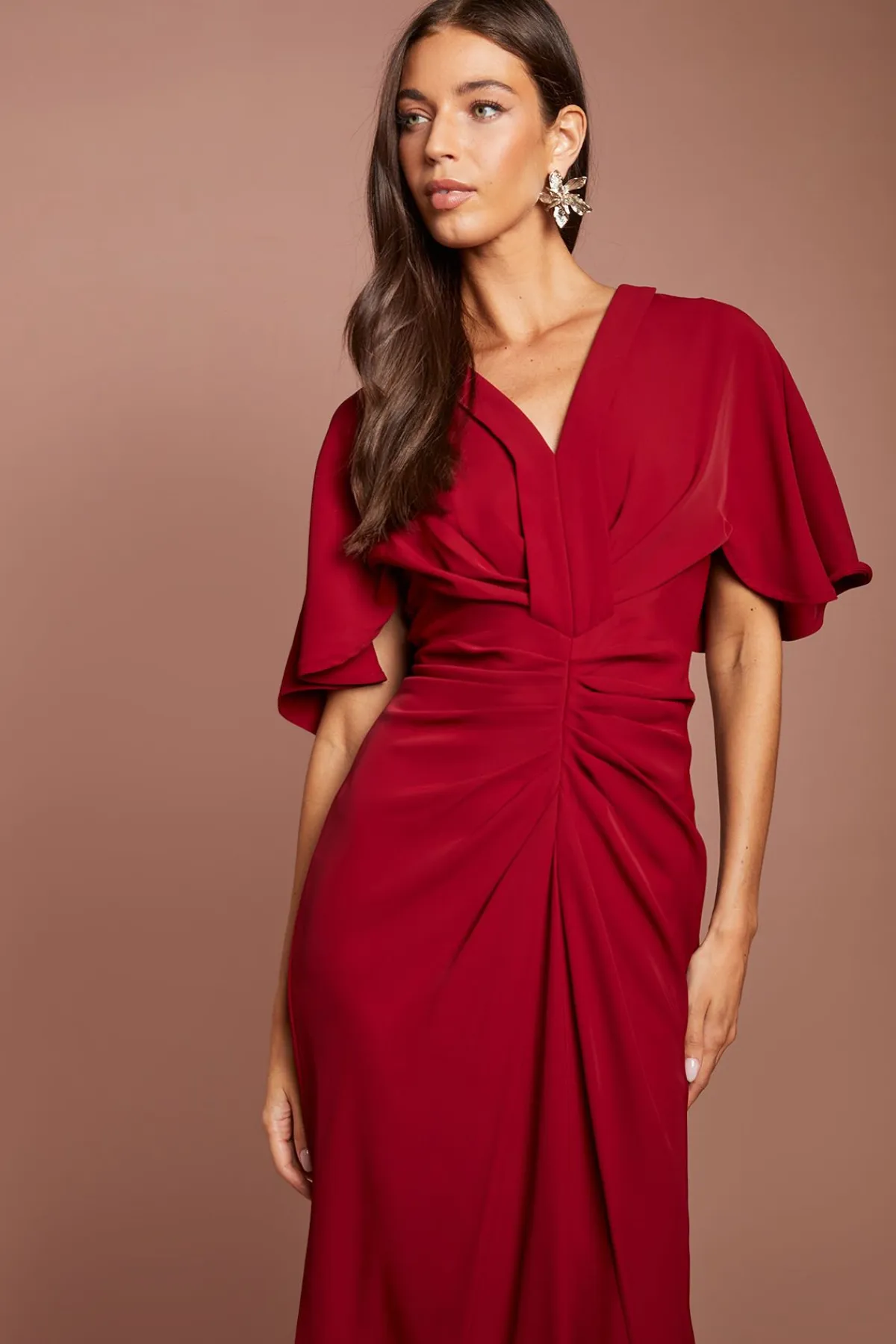 Coast Robe Midi Froncée À Col En V Et Manches Courtes<Femme Robes Mi-Longues|Robes