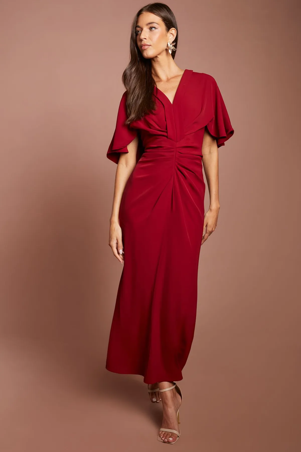 Coast Robe Midi Froncée À Col En V Et Manches Courtes<Femme Robes Mi-Longues|Robes