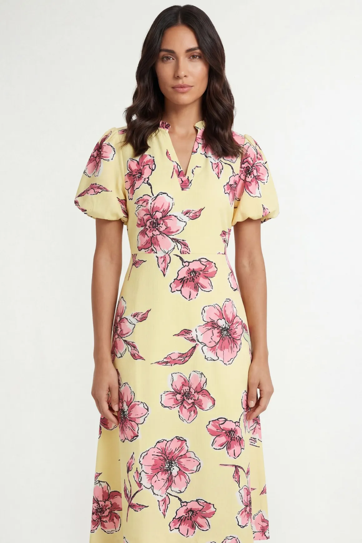 Robe Midi Froncée En Gaufré Fleuri