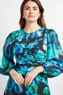 Robe Midi Froncée À Motif Floral