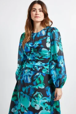 Robe Midi Froncée À Motif Floral