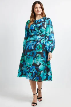 Robe Midi Froncée À Motif Floral