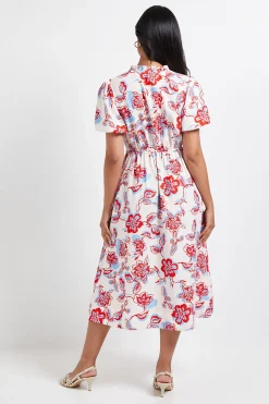 Robe Midi Froncée à Motif Floral en Gaufre Petite Taille