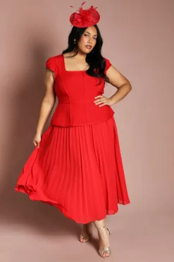 Robe Midi Grande Taille À Corsage Bandage À Manches Courtes Et Jupe Plissée