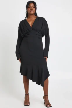 boohoo Robe Midi Grande Taille à Décolleté Plongeant Asymétrique<Femme Robes Moulantes|Robes À Manches Longues