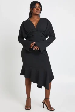 boohoo Robe Midi Grande Taille à Décolleté Plongeant Asymétrique<Femme Robes Moulantes|Robes À Manches Longues