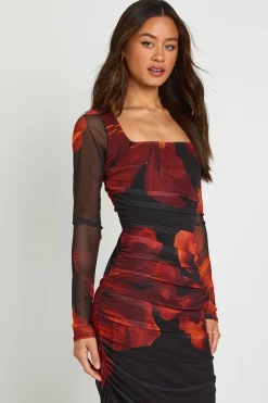 Robe Midi Grande Taille À Encolure Carrée Froncée En Mesh Fleuri