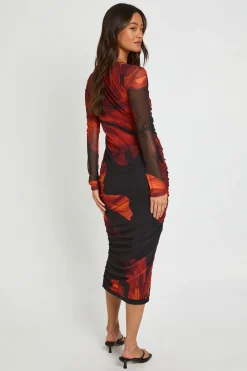 Robe Midi Grande Taille À Encolure Carrée Froncée En Mesh Fleuri