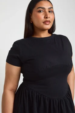 Robe Midi Grande Taille En Coton Avec Taille Froncée Et Manches Courtes