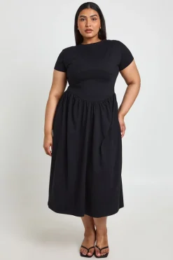 Robe Midi Grande Taille En Coton Avec Taille Froncée Et Manches Courtes