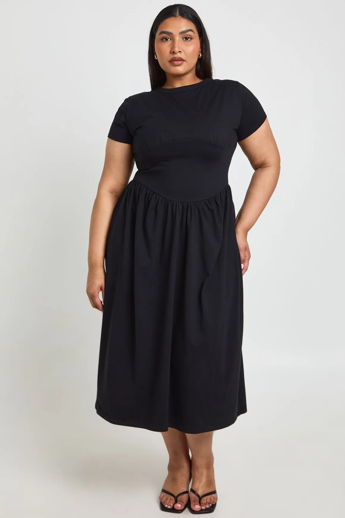 Robe Midi Grande Taille En Coton Avec Taille Froncée Et Manches Courtes