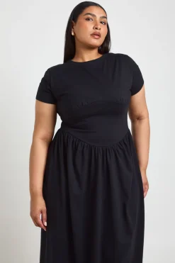 Robe Midi Grande Taille En Coton Avec Taille Froncée Et Manches Courtes