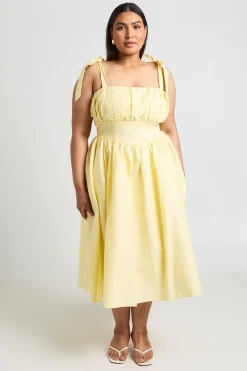 Robe Midi Grande Taille En Coton Avec Buste Froncé Et Liens À Nouer Aux Épaules