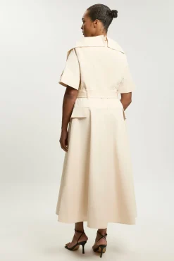 Robe Midi Grande Taille En Coton Ajusté Style Trench Ceinturée À Jupe Évasée