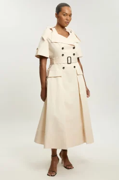 Robe Midi Grande Taille En Coton Ajusté Style Trench Ceinturée À Jupe Évasée