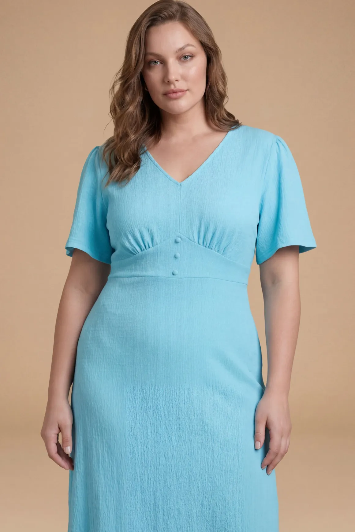 Robe Midi Grande Taille En Jersey Gaufré À Manches Volantées Et Boutonnage Devant