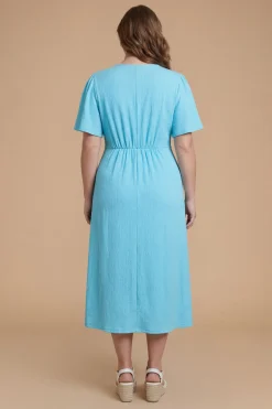 Robe Midi Grande Taille En Jersey Gaufré À Manches Volantées Et Boutonnage Devant