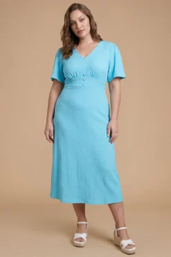 Robe Midi Grande Taille En Jersey Gaufré À Manches Volantées Et Boutonnage Devant