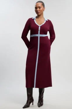 KarenMillen Robe midi grande taille en maille côtelée avec détail contrastant à la taille et col<Femme Toutes Les Robes|Robes Mi-Longues
