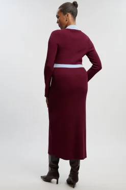 KarenMillen Robe midi grande taille en maille côtelée avec détail contrastant à la taille et col<Femme Toutes Les Robes|Robes Mi-Longues