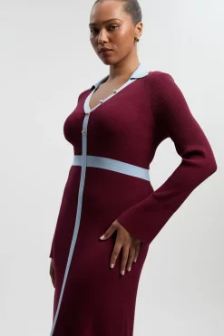KarenMillen Robe midi grande taille en maille côtelée avec détail contrastant à la taille et col<Femme Toutes Les Robes|Robes Mi-Longues