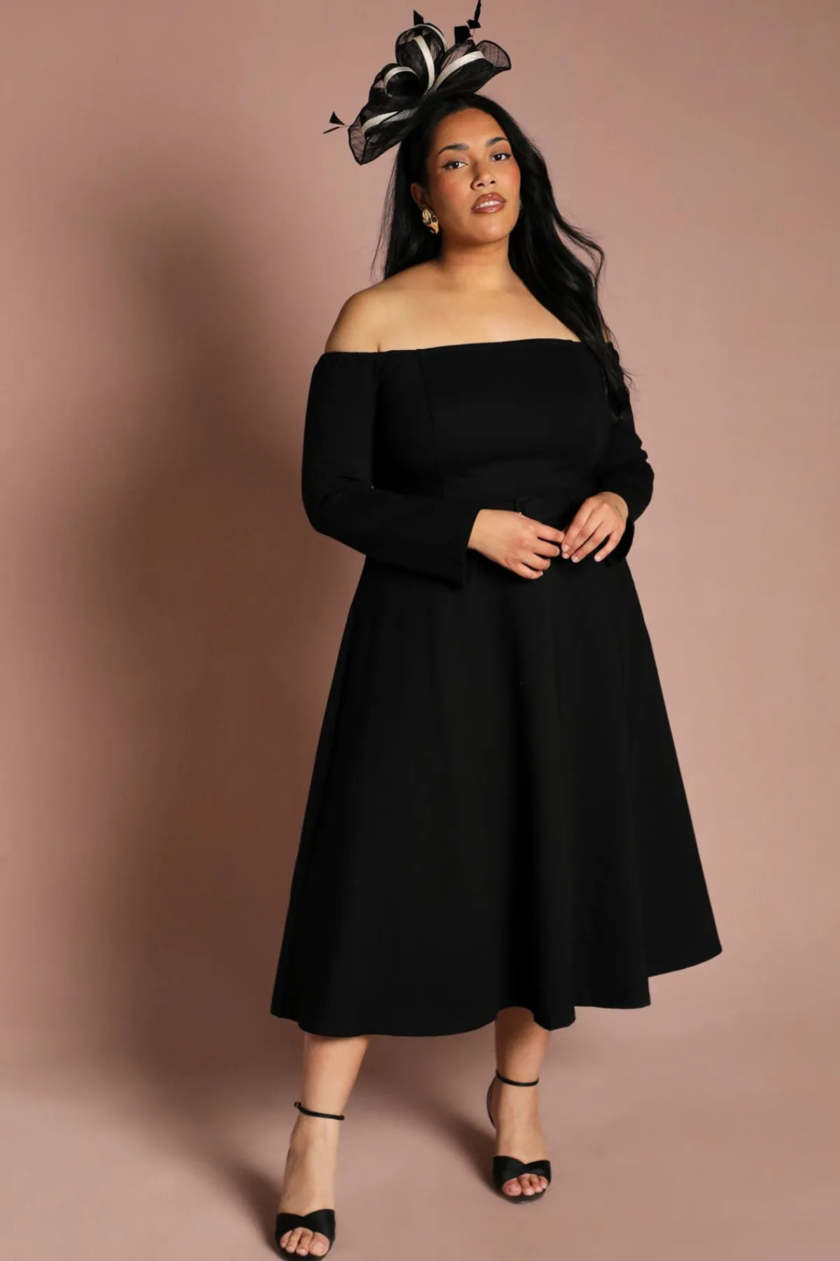 Coast Robe Midi Grande Taille En Ponte À Épaules Dénudées Bardot Manches Longues Et Jupe Ample<Femme Robes Mi-Longues|Robes À Manches Longues