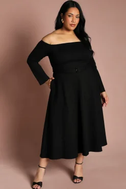 Coast Robe Midi Grande Taille En Ponte À Épaules Dénudées Bardot Manches Longues Et Jupe Ample<Femme Robes Mi-Longues|Robes À Manches Longues