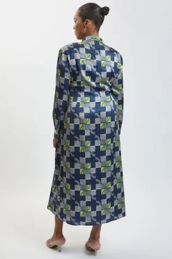 Robe Midi Grande Taille En Satin Martelé À Imprimé Géométrique Avec Ceinture À Nouer