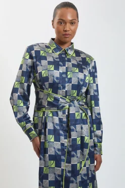 Robe Midi Grande Taille En Satin Martelé À Imprimé Géométrique Avec Ceinture À Nouer