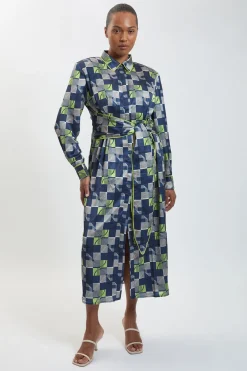 Robe Midi Grande Taille En Satin Martelé À Imprimé Géométrique Avec Ceinture À Nouer