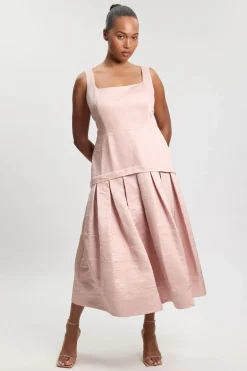 Robe Midi Grande Taille En Twill Texturé Ajusté Avec Jupe Ample